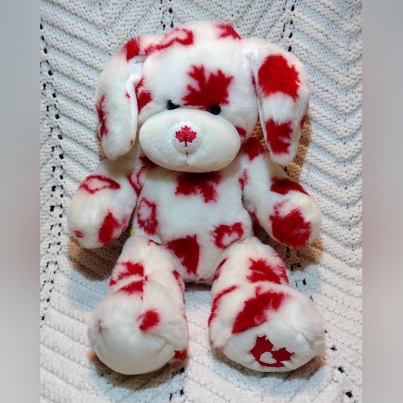 Build A Bear Puppy Maple Leaves Patriotic  Canada Red White Hearts - Picture 1 of 7
